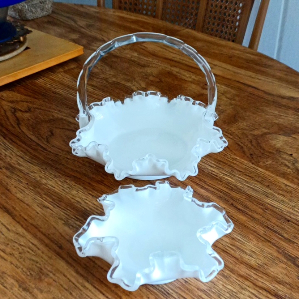 Vintage Fenton silver crest milk glass wedding basket and mini